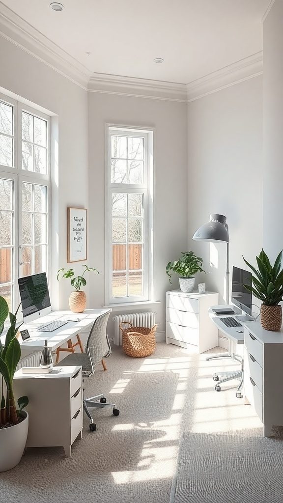 15 Must-Have Items for a Perfect Home Office Setup for Women 8 Bright home office setup with large windows, plants, and modern furniture.