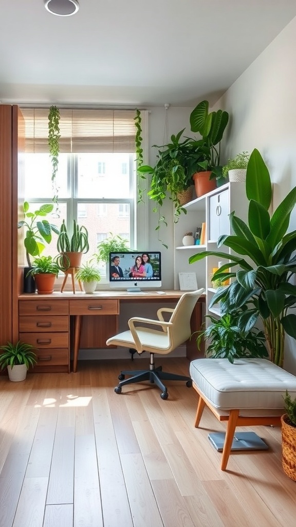 19 Creative Murphy Bed Office Guest Bedrooms Ideas 16 A bright office guest bedroom with a desk, chair, and various plants, creating a fresh and inviting atmosphere.