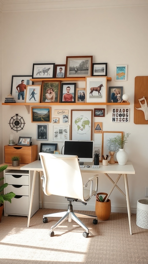 11 Inspiring Home Office Decor Ideas for a Productive Workspace 11 A cozy home office with a desk, chair, and a wall decorated with framed photos and artwork.