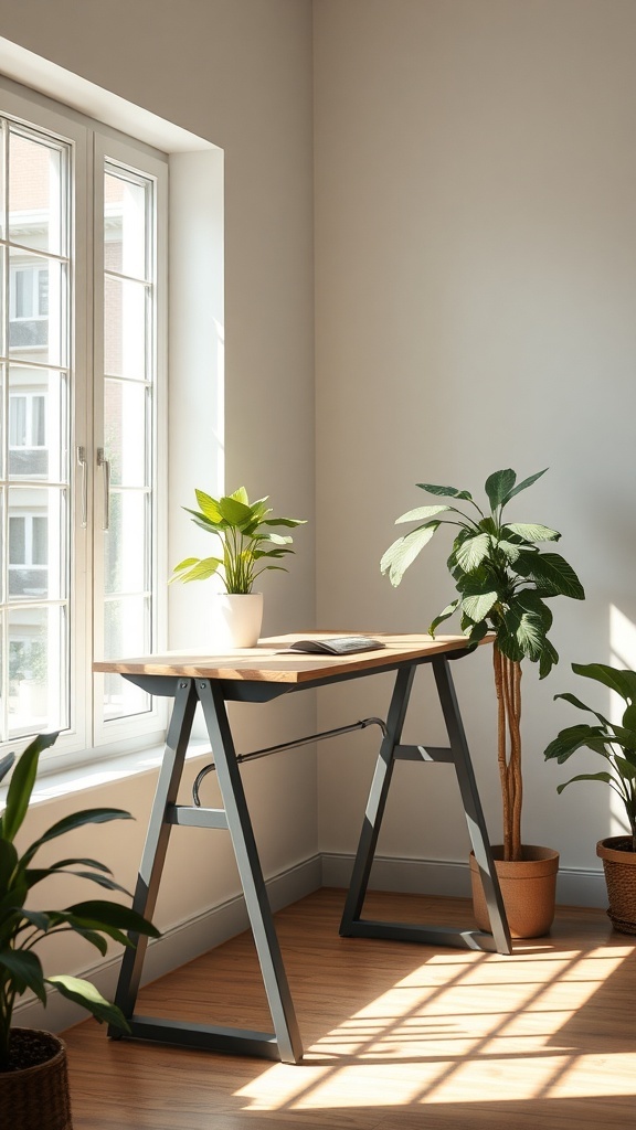 13 Must-Have Standing Desks for Your Home Office Setup 26 A bright home office with a standing desk by a window and potted plants.