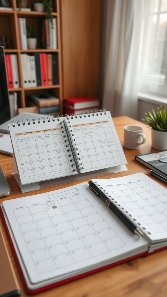 13 Essential Tips for an Organized Home Office 13 A well-organized home office desk with planners, a coffee cup, and a plant.