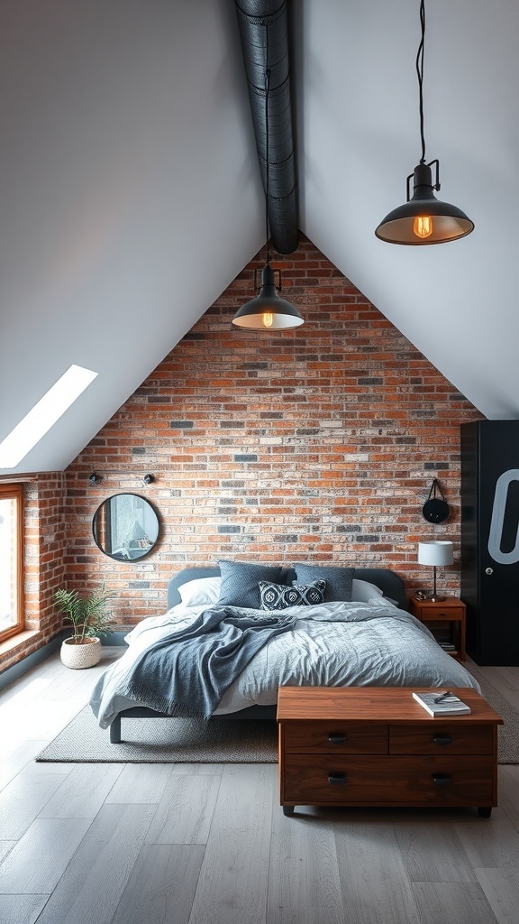 10 Cozy Attic Bedroom Ideas You’ll Love 15 Cozy attic bedroom with exposed brick wall, modern furniture, and industrial lighting.