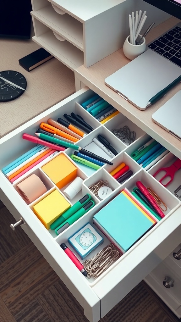 10 Essential Tips for Organizing Your Home Office 18 A neatly organized drawer filled with colorful stationery items and drawer organizers.