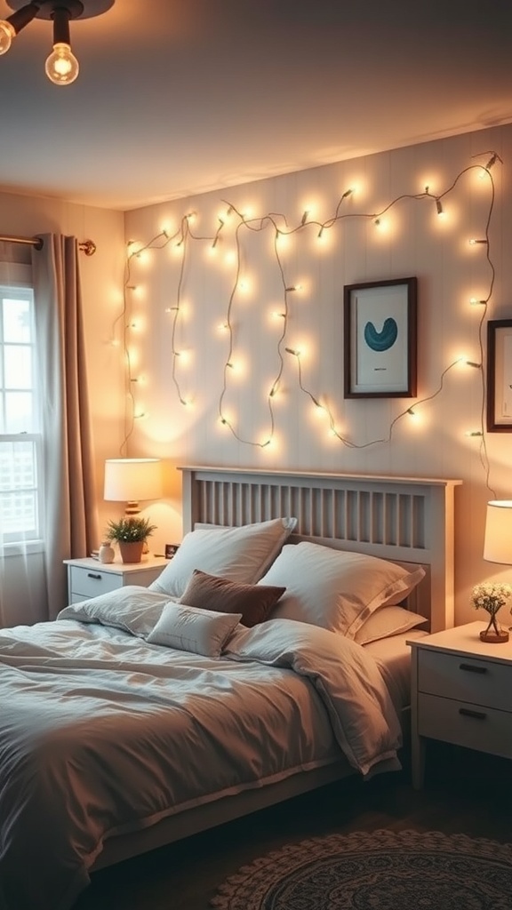 14 Cozy Bedroom Ideas to Transform Your Space 19 A cozy bedroom with string lights on the wall and bedside lamps illuminating the space.