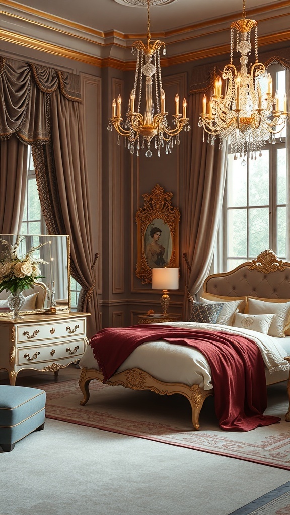 An elegant bedroom suite featuring a luxurious bed, ornate chandeliers, and rich decor.