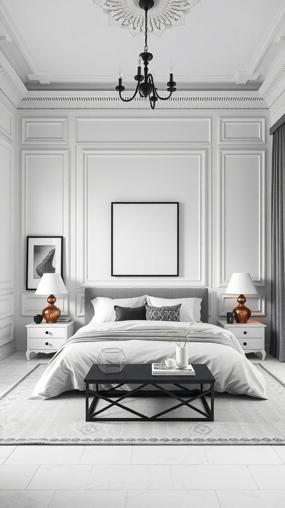 14 Stunning White Bedroom Ideas for a Dreamy Retreat 21 A stylish monochrome bedroom featuring white walls, gray bedding, and black and copper accents.