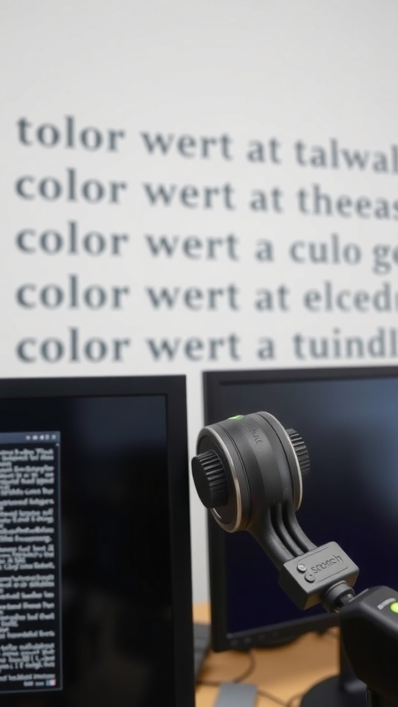 13 Essential Items for the Perfect Double Monitor Setup in Your Home Office 13 A color calibration device in front of two monitors displaying text.
