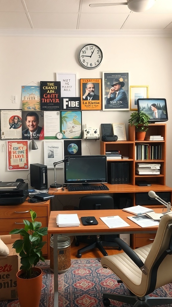 10 Stylish His and Her Office Spaces for Your Home 9 An office space featuring a desk, computer, and a wall decorated with posters and pictures.