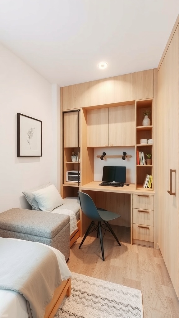 13 Creative Bedroom Ideas for Small Spaces 20 A small bedroom featuring multi-functional furniture, including a desk and storage ottoman.