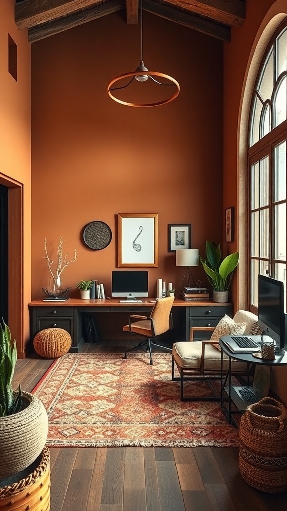 14 Inspiring Paint Colors for Your Home Office Makeover 5 A cozy home office with earthy tones, featuring terracotta walls, wooden furniture, and plants.