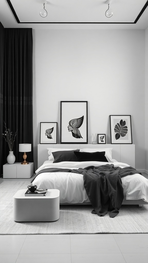 13 Elegant Bedroom Ideas for Grown Women 21 A modern bedroom featuring a monochrome palette with black and white decor, a cozy bed, and stylish artwork.