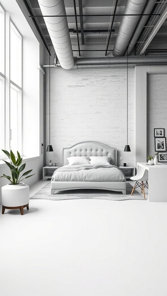 14 Stunning White Bedroom Ideas for a Dreamy Retreat 23 A contemporary urban loft bedroom with a gray bed, large windows, and industrial elements.