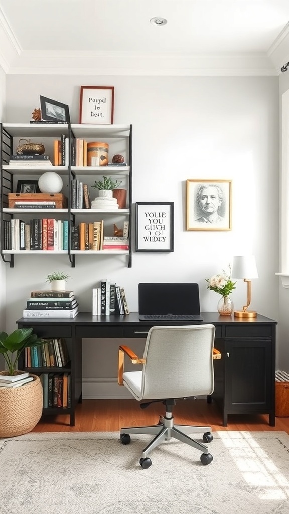 11 Inspiring Home Office Decor Ideas for a Productive Workspace 5 A stylish home office with personalized shelving, featuring books, decorative items, and a desk.