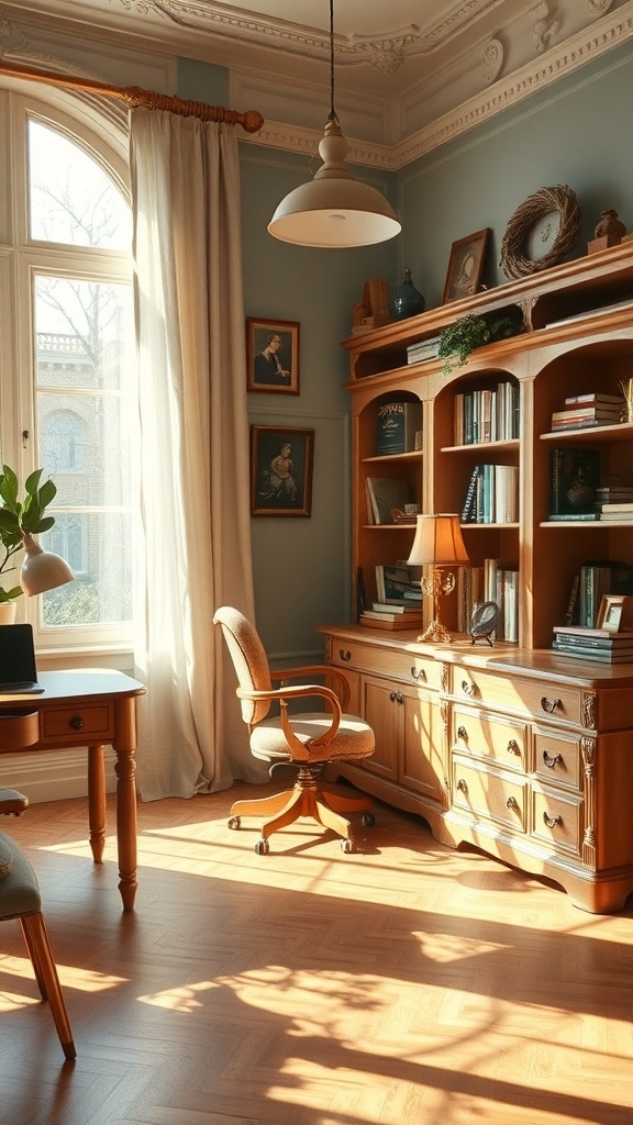 15 Stylish Moody Home Office Ideas for Ultimate Productivity 21 A vintage home office with wooden furniture, large window, and soft natural light.