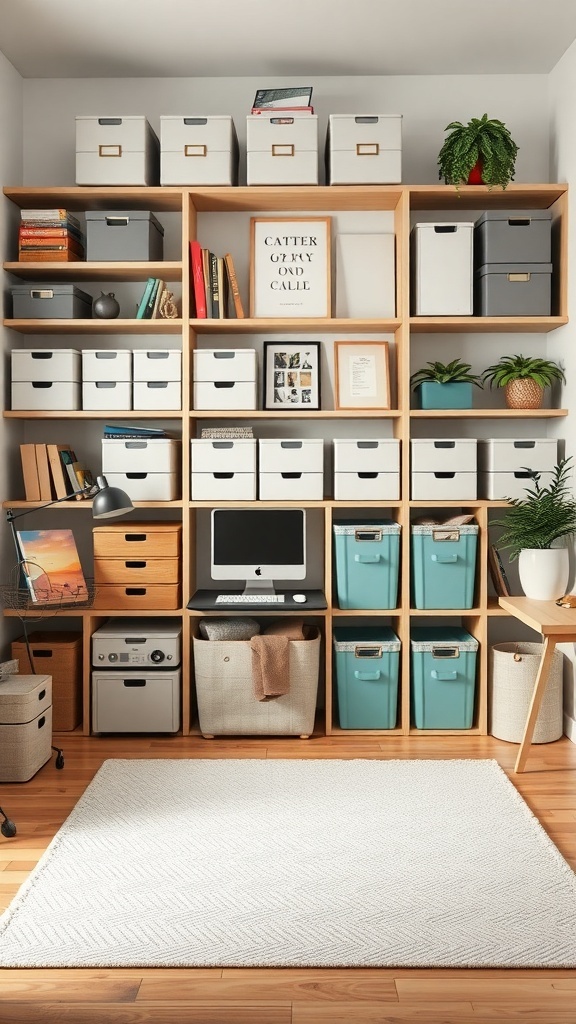 13 Essential Tips for an Organized Home Office 4 A well-organized home office with shelves filled with storage boxes, books, and plants.