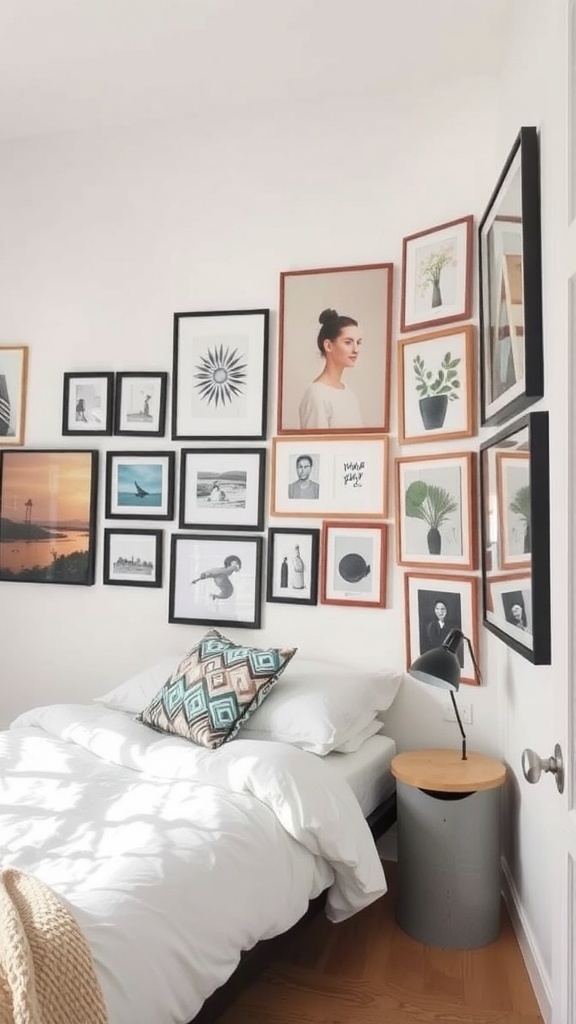 13 Creative Bedroom Ideas for Small Spaces 19 A cozy bedroom with a creative wall art arrangement featuring various framed artworks.