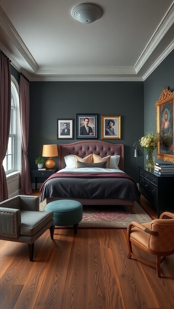 A sophisticated bedroom featuring dark walls, elegant furniture, and framed artwork.