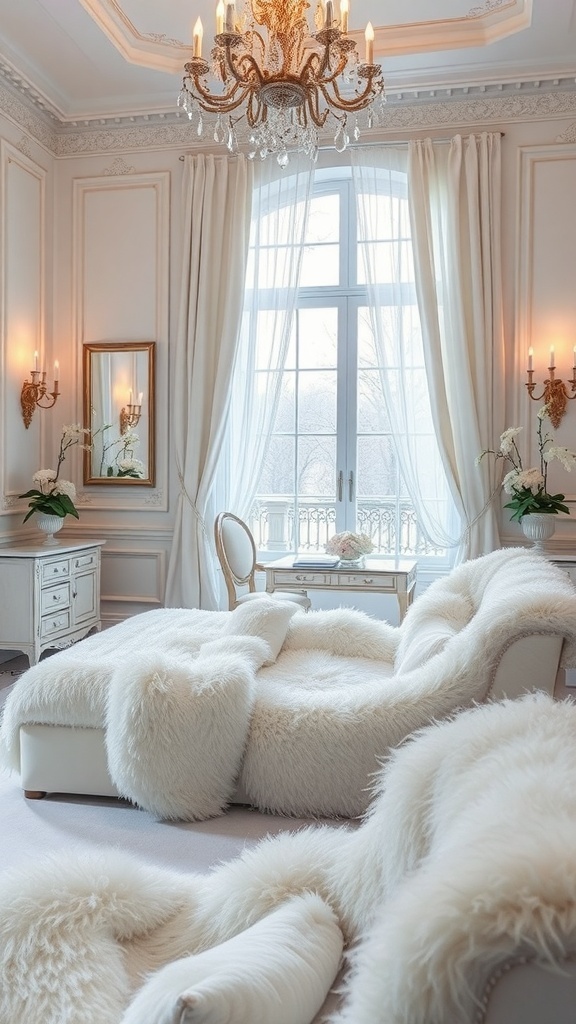 14 Stunning White Bedroom Ideas for a Dreamy Retreat 20 A luxurious white bedroom featuring plush textures, a chandelier, and large windows.