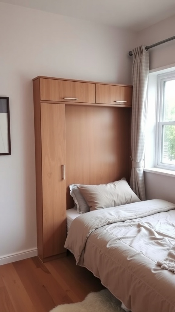 13 Creative Bedroom Ideas for Small Spaces 24 A stylish Murphy bed in a small bedroom, showcasing a warm wood finish and simple design.