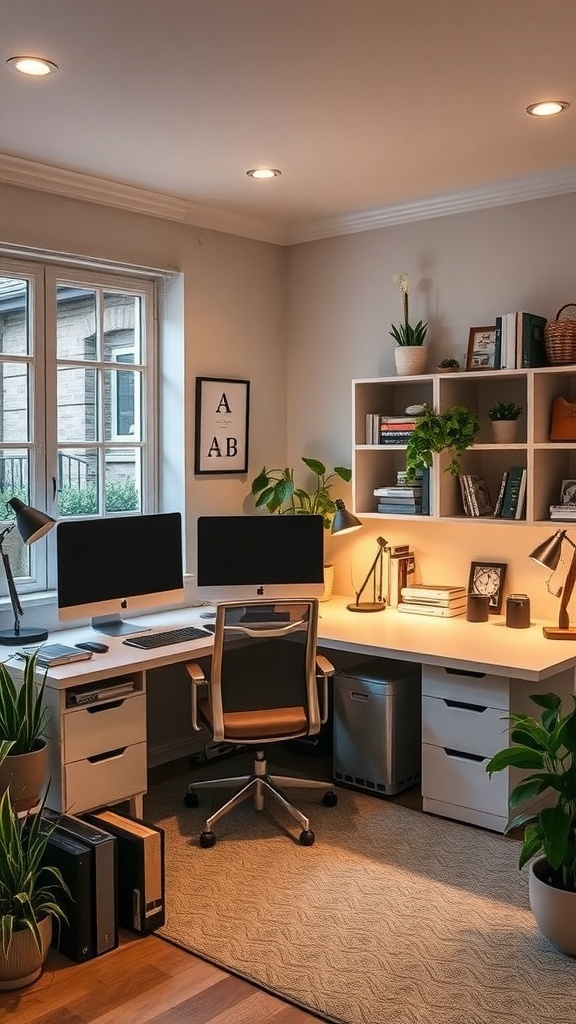 15 Must-Have Items for a Perfect Home Office Setup for Women 12 A modern home office setup featuring two computer monitors, a comfortable chair, and various plants, illuminated by natural light from a window and task lamps.