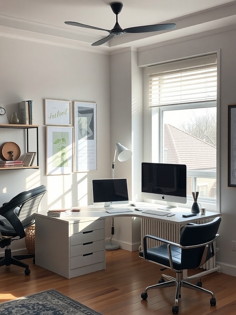 18 Stylish Modern Home Office Ideas to Inspire Your Space 35 A modern home office featuring dual monitors, an ergonomic chair, and natural light.