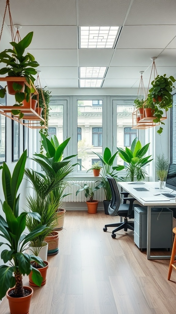 15 Creative Small Home Office Ideas for Maximum Productivity 10 A small home office filled with various indoor plants, featuring a desk and chair near large windows.