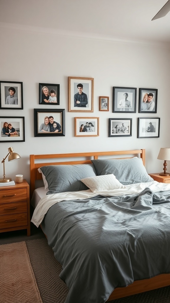 14 Cozy Bedroom Ideas to Transform Your Space 28 Cozy bedroom featuring a gallery wall of family photos in various frames.