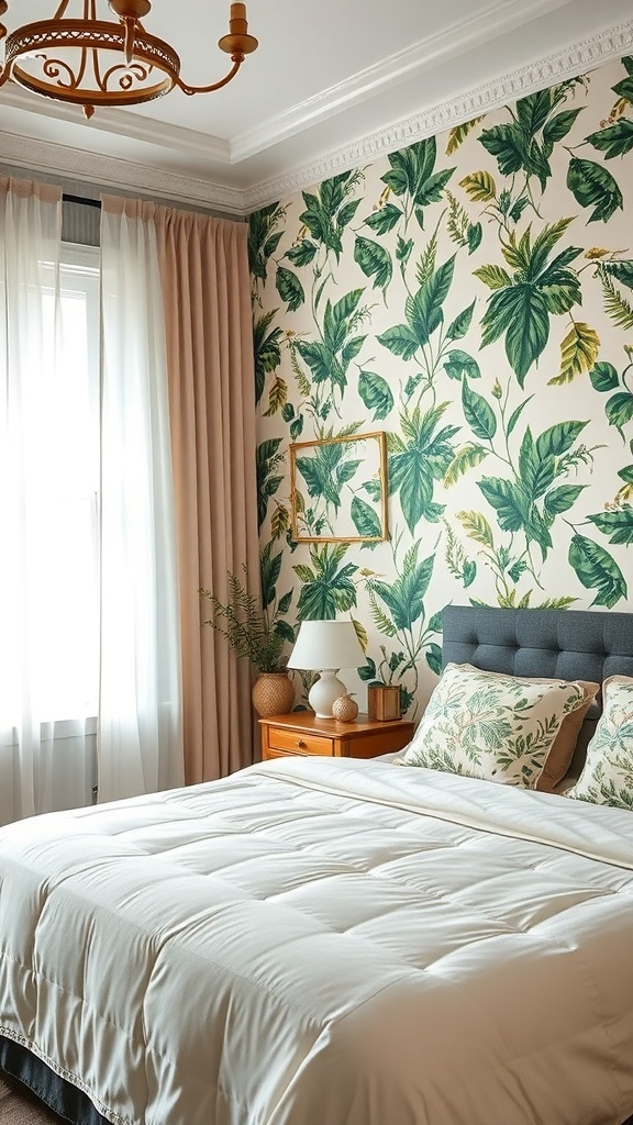12 Inspiring Green Bedroom Ideas for a Refreshing Retreat 16 A cozy bedroom featuring botanical wallpaper with green leaves, soft bedding, and natural light.