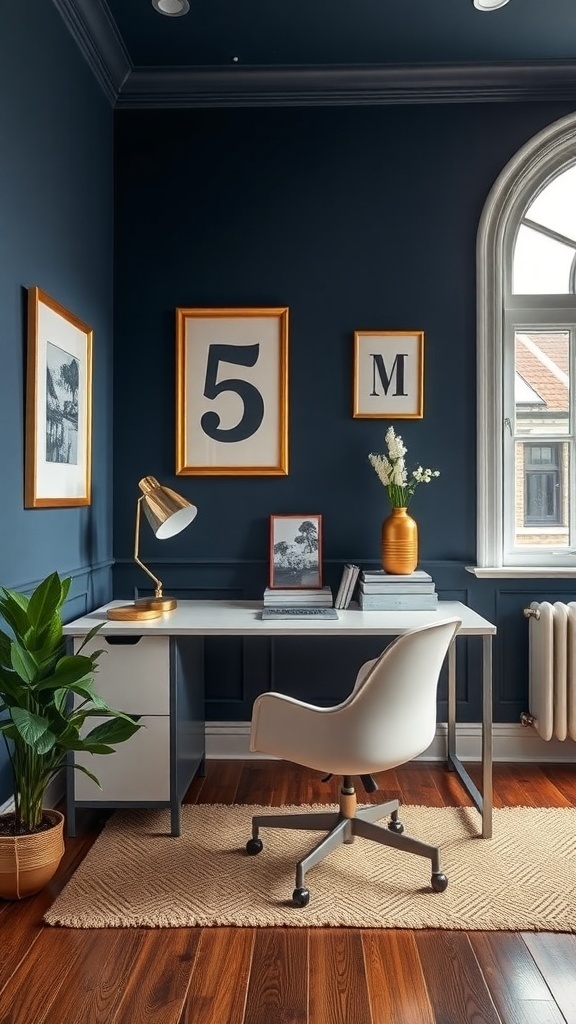 15 Stylish Moody Home Office Ideas for Ultimate Productivity 17 A cozy navy blue home office with a desk, chair, and framed art on the walls.