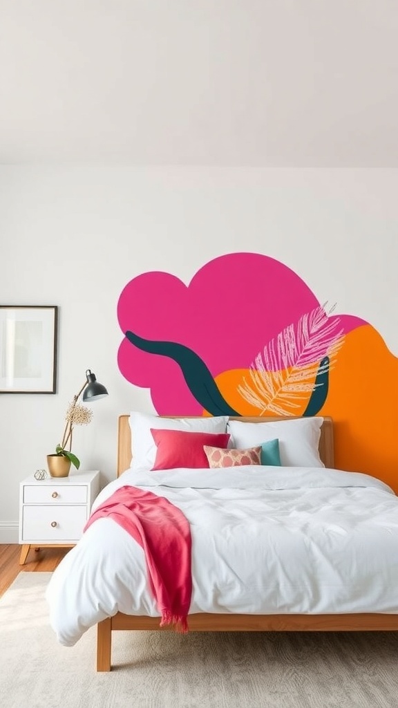 13 Elegant Bedroom Ideas for Grown Women 22 A bedroom featuring a bold accent wall with pink and orange colors, a white bedspread, and decorative pillows.