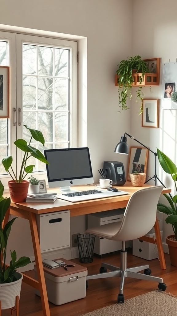 15 Creative Small Home Office Ideas for Maximum Productivity 4 A small home office with a desk, computer, plants, and natural light