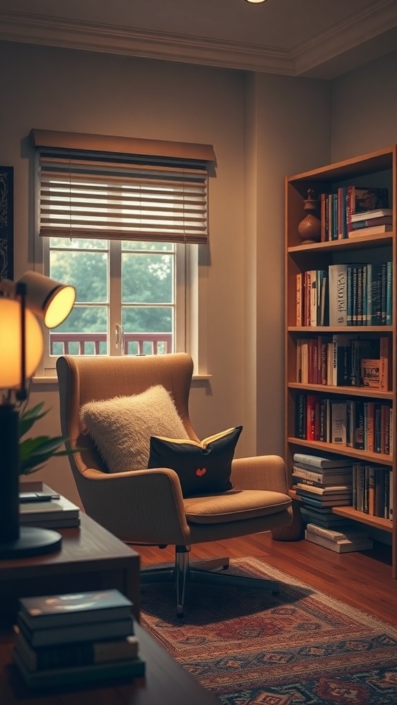 11 Inspiring Home Office Decor Ideas for a Productive Workspace 2 A cozy reading nook featuring a comfortable armchair, a soft pillow, and a bookshelf filled with books, illuminated by natural light.