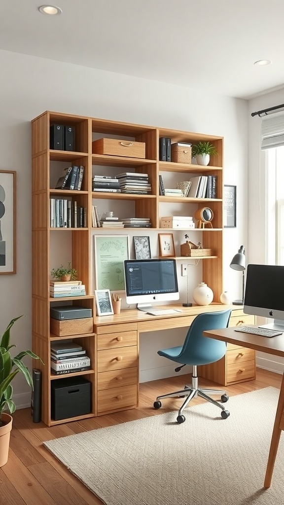 10 Stylish His and Her Office Spaces for Your Home 5 A stylish shared office space featuring a wooden shelving unit, a desk with storage, and plants.