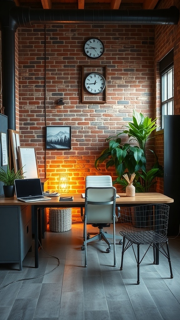 17 Inspiring Home Office Ideas for Men 21 A stylish industrial chic home office with exposed brick walls, wooden beams, and modern furniture.