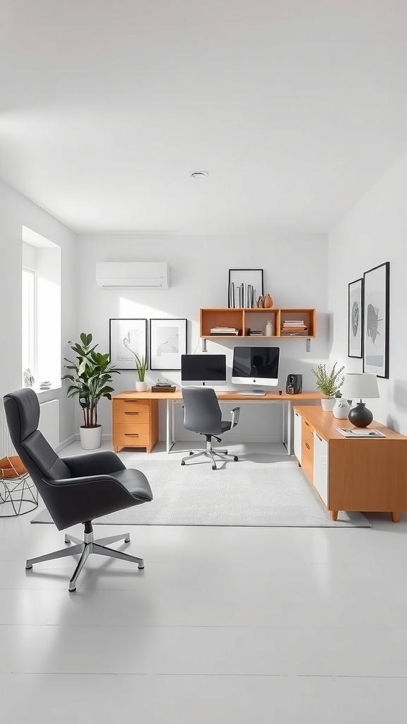 15 Stylish Moody Home Office Ideas for Ultimate Productivity 23 A minimalist monochrome home office with a black chair, light walls, and organized desk.