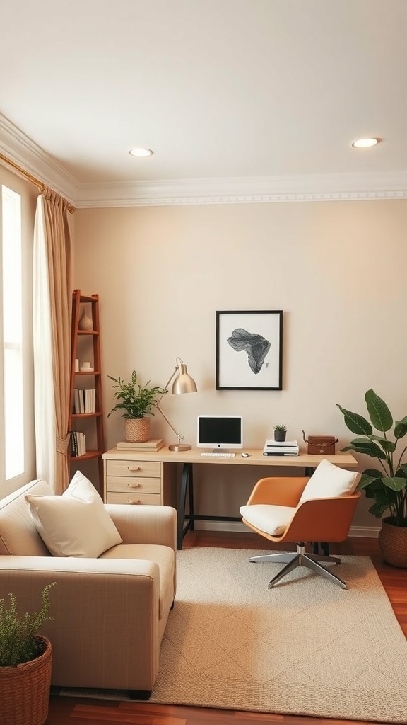 14 Inspiring Paint Colors for Your Home Office Makeover 7 A cozy home office featuring warm neutral walls, a comfortable couch, an orange chair, a wooden desk, and plants.