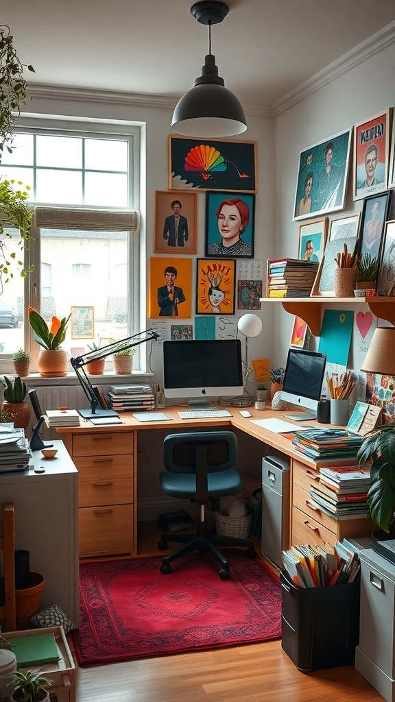 17 Inspiring Home Office Ideas for Men 26 A cozy home office featuring two computers, colorful artwork, wooden furniture, and plants.