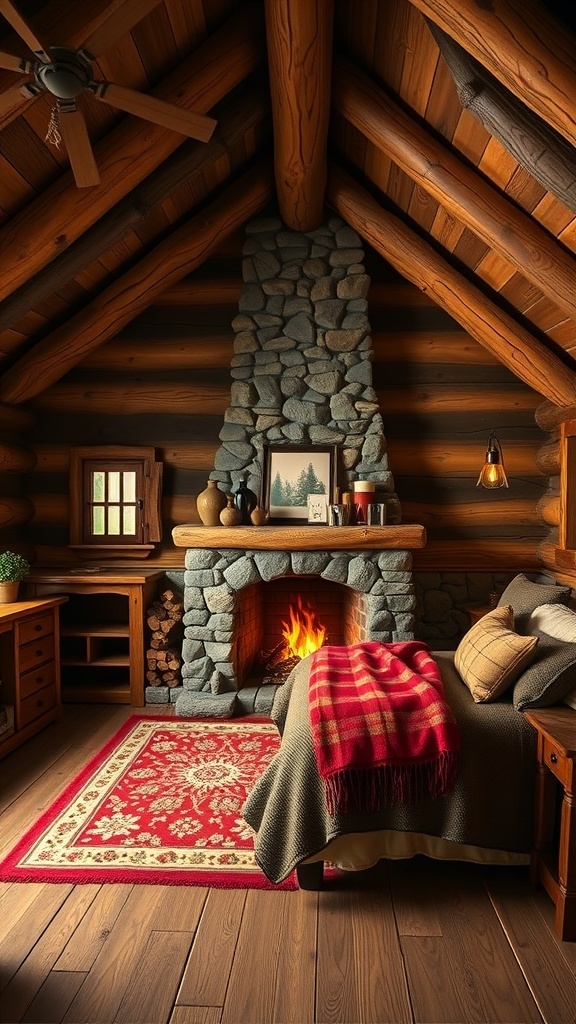 A cozy rustic bedroom with a stone fireplace, wooden beams, and a warm blanket.