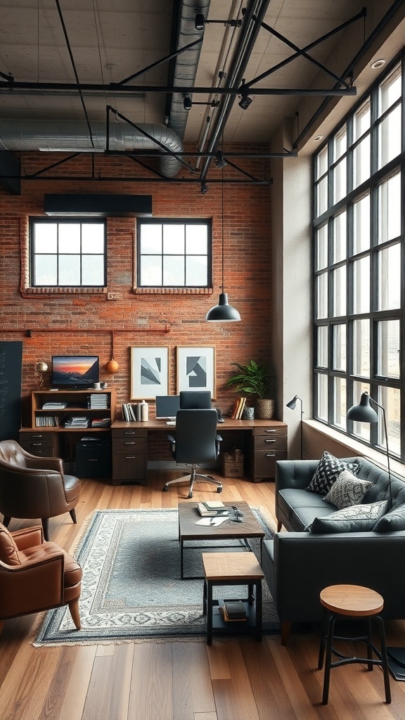 10 Must-Have Masculine Decor Items for Your Home Office 19 A masculine home office featuring an urban loft aesthetic with exposed brick walls, large windows, and modern furniture.