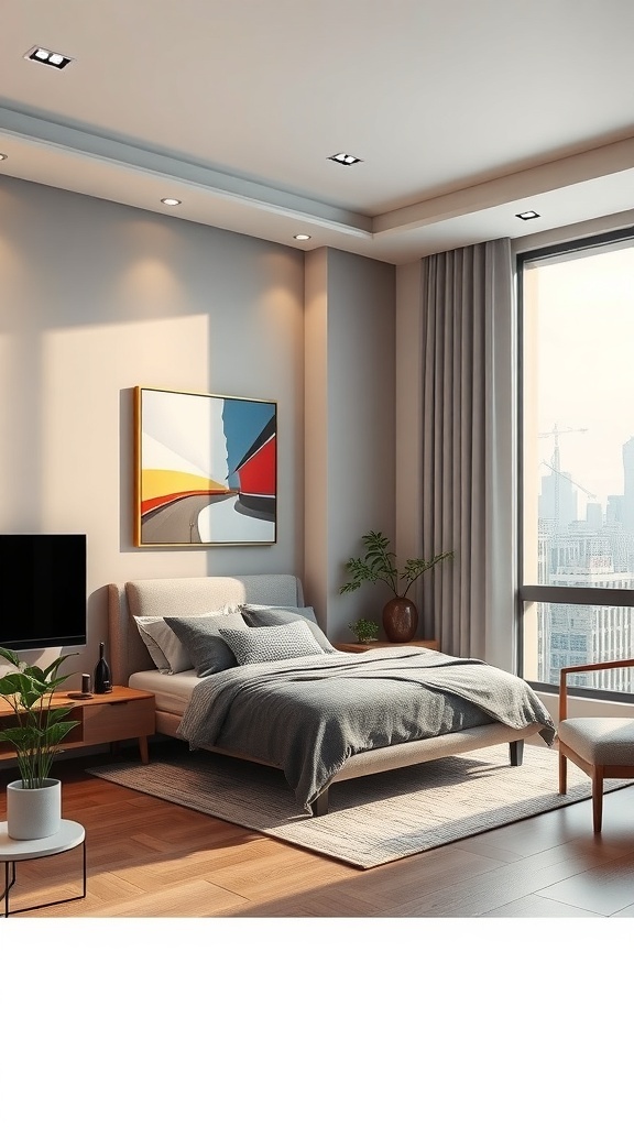 A modern urban apartment bedroom featuring a neutral color palette, large window, and stylish furniture.