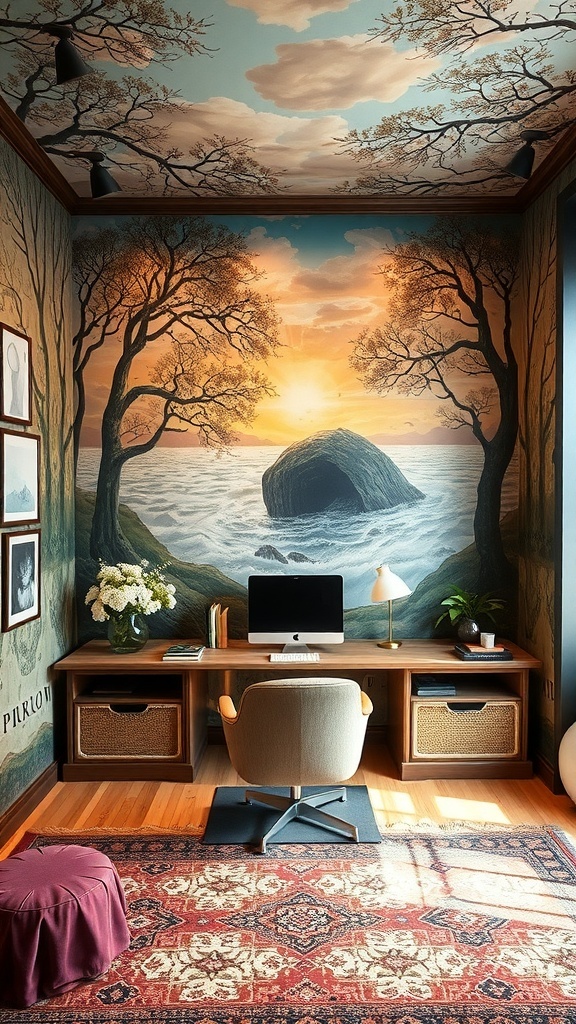 19 Creative Murphy Bed Office Guest Bedrooms Ideas 14 A home office with a custom mural of a coastal scene, featuring trees and a sunset.