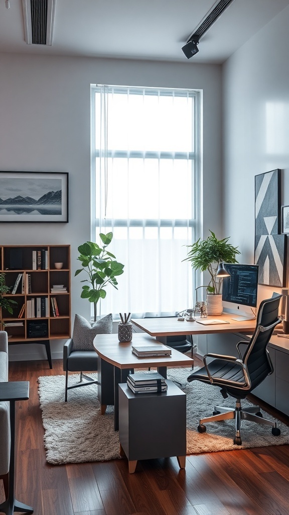 15 Stylish Moody Home Office Ideas for Ultimate Productivity 25 A modern home office with a sleek desk, ergonomic chair, plants, and natural light.