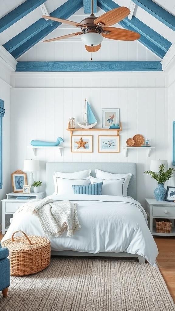 13 Stylish Bedroom Ideas to Transform Your Space 23 A coastal-themed bedroom featuring white bedding, blue accents, and nautical decor.