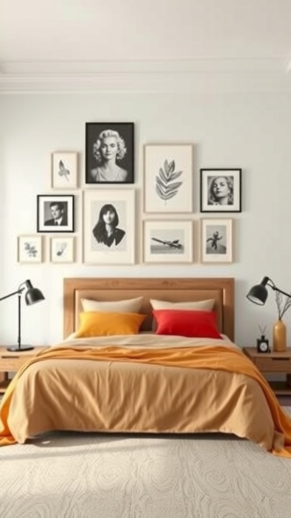 13 Elegant Bedroom Ideas for Grown Women 19 A bedroom featuring a gallery wall with framed art above the bed, showcasing a mix of black-and-white portraits and botanical prints.