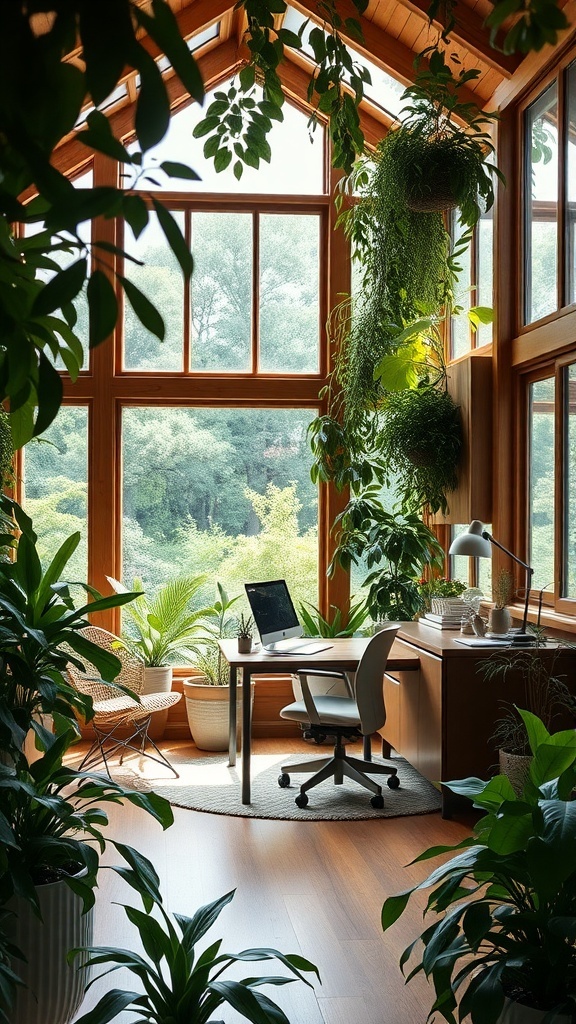 17 Inspiring Home Office Ideas for Men 29 A bright home office filled with plants and natural light, featuring a wooden desk and a comfortable chair.