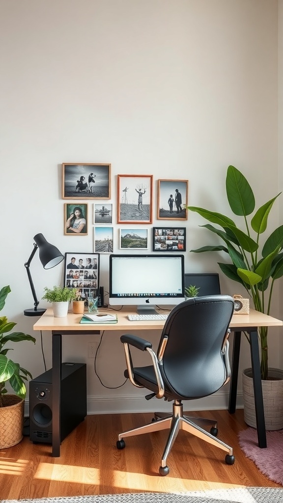 11 Essential Tips for Organizing Your Home Office for Maximum Productivity 10 A well-organized home office with a desk, chair, computer, framed photos on the wall, and plants.