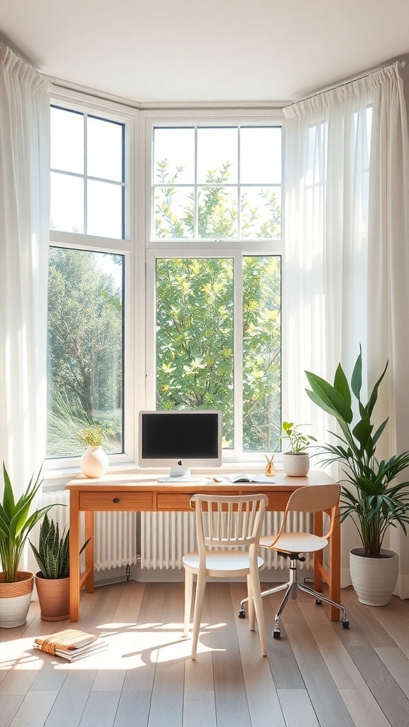 12 Stylish Home Office Ideas for Women 9 Bright and airy home office with a wooden desk, computer, and plants by large windows