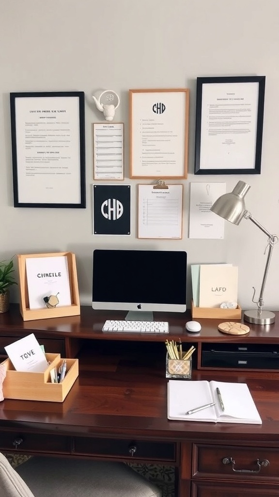 12 Stylish Home Office Ideas for Women 12 A stylish home office desk with personalized accessories and wall art.
