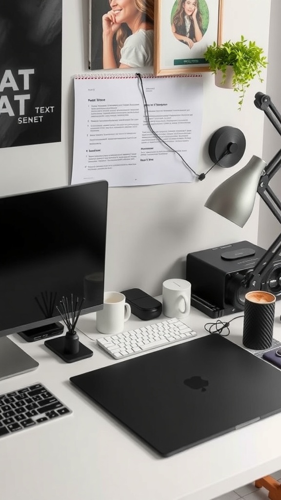 A cozy desk setup featuring a laptop, monitor, keyboard, and personal touches like notes and a plant.