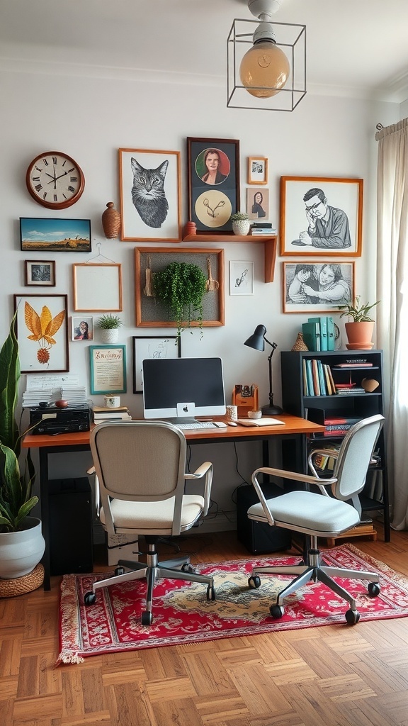 15 Stylish Moody Home Office Ideas for Ultimate Productivity 24 A cozy home office featuring eclectic decor with framed art, a wooden desk, modern chairs, and plants.